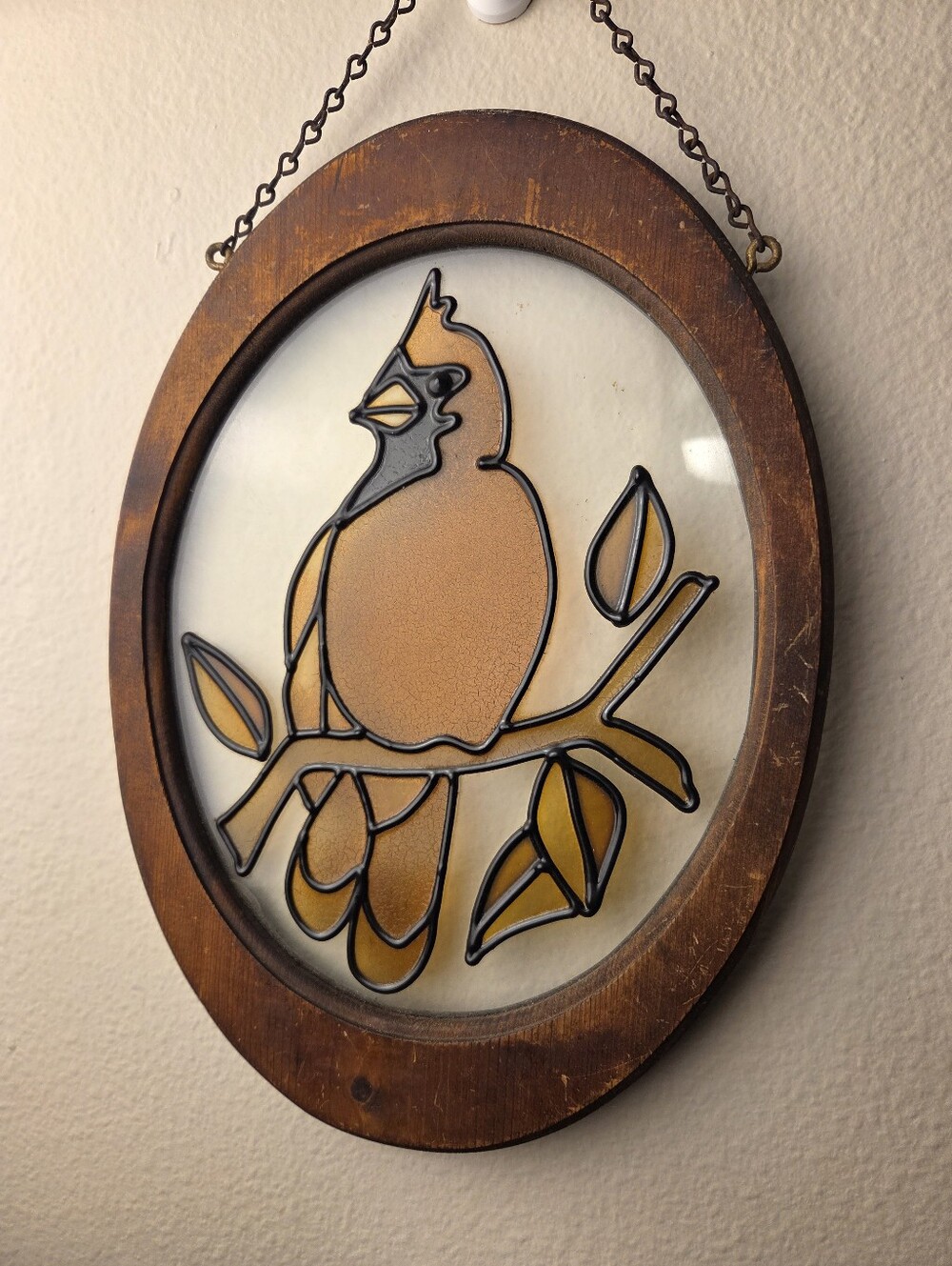 Vintage Faux Stain Hanging Suncatcher Picture Glass Wood Oval Cardinal Red Bird